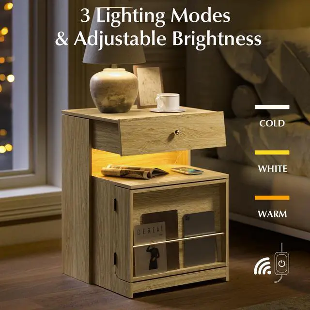 Alt view image 4 of 7 - Nightstand with Charging Station and LED Lights, Night Stand with Sliding Top, Wood Modern Bedside End Table with Storage Drawer and Front Storage for Bedroom, Natural Oak