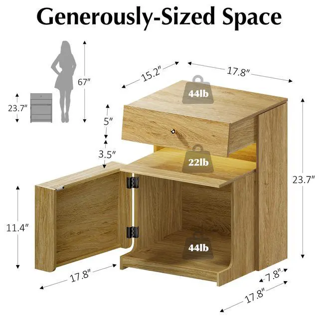 Alt view image 2 of 7 - Nightstand with Charging Station and LED Lights, Night Stand with Sliding Top, Wood Modern Bedside End Table with Storage Drawer and Front Storage for Bedroom, Natural Oak