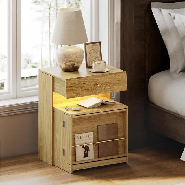 Alt view image 6 of 7 - Nightstand with Charging Station and LED Lights, Night Stand with Sliding Top, Wood Modern Bedside End Table with Storage Drawer and Front Storage for Bedroom, Natural Oak