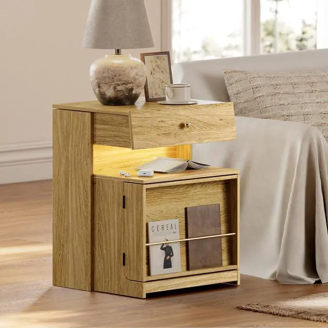 Alt view image 7 of 7 - Nightstand with Charging Station and LED Lights, Night Stand with Sliding Top, Wood Modern Bedside End Table with Storage Drawer and Front Storage for Bedroom, Natural Oak