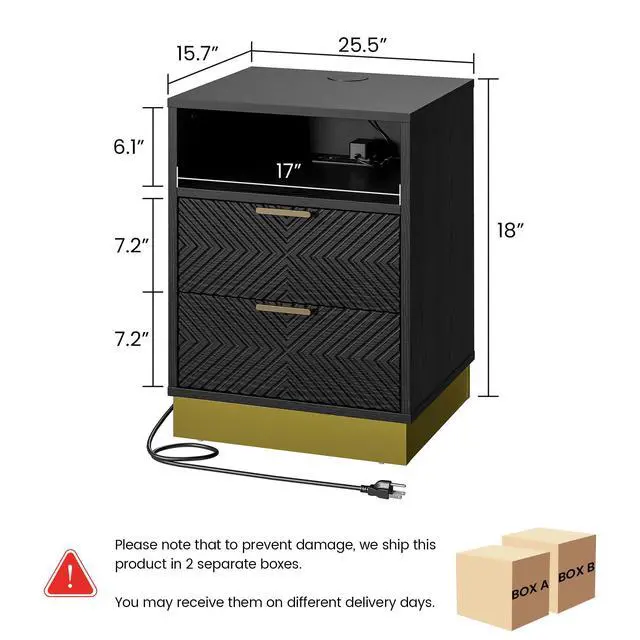 Alt view image 2 of 7 - Nightstand Set of 2, Modern Black Bedside Table with 15W Wireless Fast Charger, Drawers Wooden End Table Night Stand with USB Type-C AC Outlet, Engineered Wood Storage Side Table for Bedroom