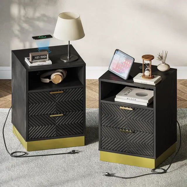 Main image of Nightstand Set of 2, Modern Black Bedside Table with 15W Wireless Fast Charger, Drawers Wooden End Table Night Stand with USB Type-C AC Outlet, Engineered Wood Storage Side Table for Bedroom