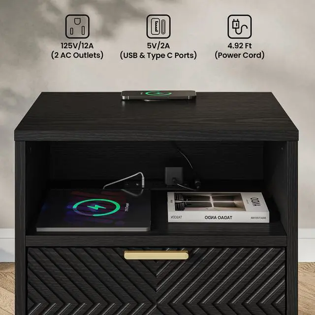Alt view image 3 of 7 - Nightstand Set of 2, Modern Black Bedside Table with 15W Wireless Fast Charger, Drawers Wooden End Table Night Stand with USB Type-C AC Outlet, Engineered Wood Storage Side Table for Bedroom