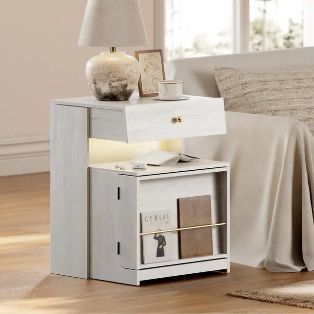 Alt view image 7 of 7 - Nightstand with Charging Station and LED Lights, Night Stand with Sliding Top, Wood Modern Bedside End Table with Storage Drawer and Front Storage for Bedroom, White