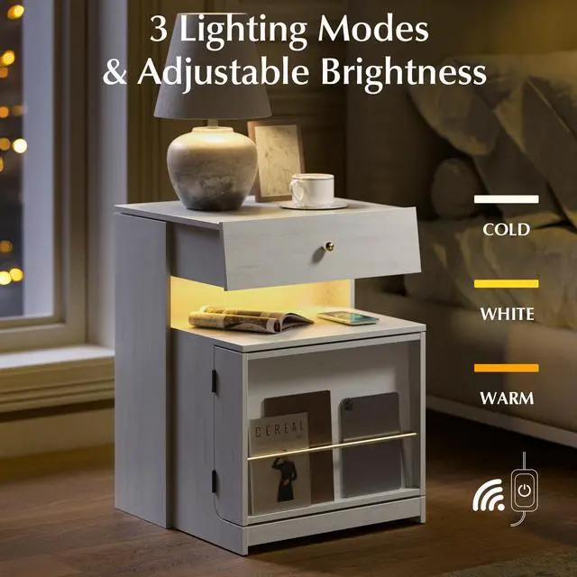 Alt view image 4 of 7 - Nightstand with Charging Station and LED Lights, Night Stand with Sliding Top, Wood Modern Bedside End Table with Storage Drawer and Front Storage for Bedroom, White