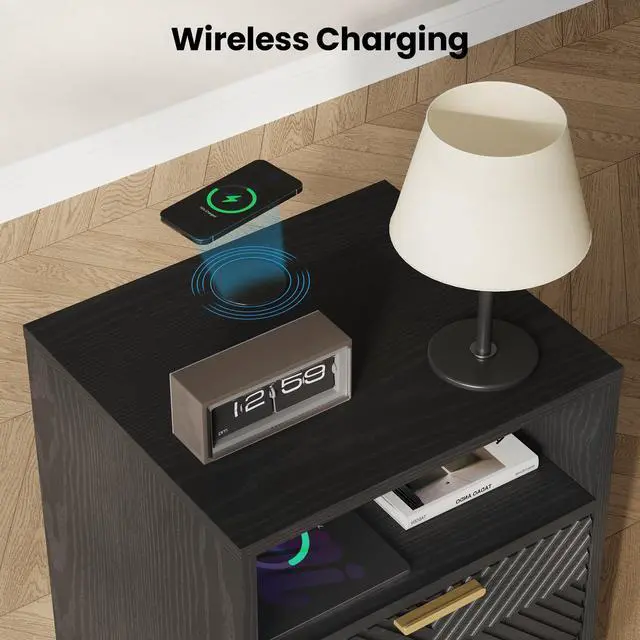 Alt view image 4 of 7 - Nightstand Set of 2, Modern Black Bedside Table with 15W Wireless Fast Charger, Drawers Wooden End Table Night Stand with USB Type-C AC Outlet, Engineered Wood Storage Side Table for Bedroom