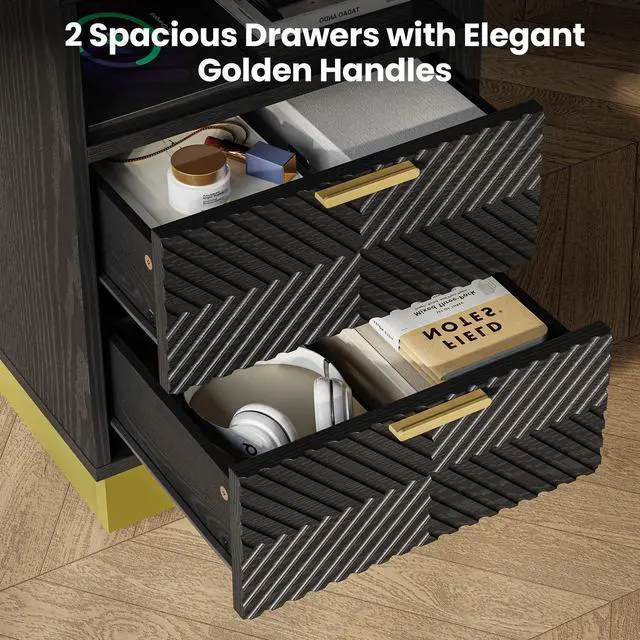 Alt view image 5 of 7 - Nightstand Set of 2, Modern Black Bedside Table with 15W Wireless Fast Charger, Drawers Wooden End Table Night Stand with USB Type-C AC Outlet, Engineered Wood Storage Side Table for Bedroom