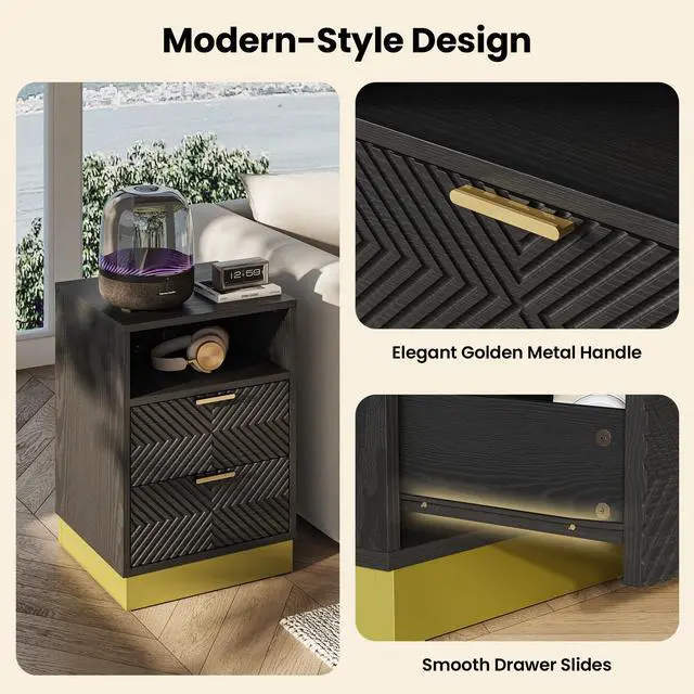 Alt view image 7 of 7 - Nightstand Set of 2, Modern Black Bedside Table with 15W Wireless Fast Charger, Drawers Wooden End Table Night Stand with USB Type-C AC Outlet, Engineered Wood Storage Side Table for Bedroom