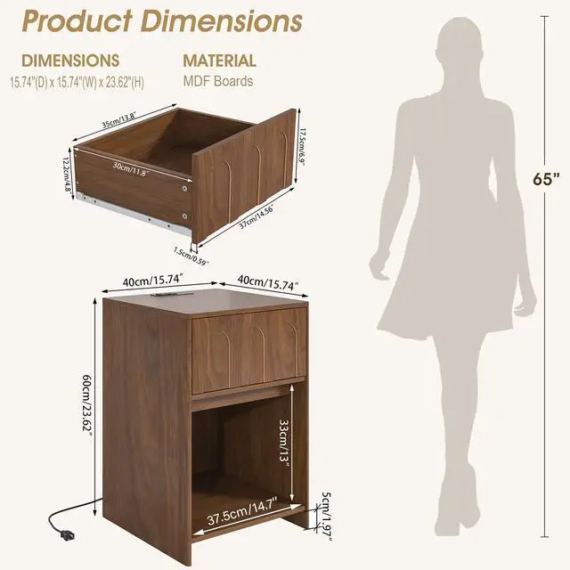 Alt view image 2 of 7 - 15.7'' Wide Nightstand Set of 2 with Charging Station, Mid Century Modern Nightstands with Drawer & Storage, Bed Side Table, Night Stands for Bedroom, Small Space (Walnut, 2Pcs)