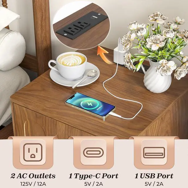 Alt view image 4 of 7 - 15.7'' Wide Nightstand Set of 2 with Charging Station, Mid Century Modern Nightstands with Drawer & Storage, Bed Side Table, Night Stands for Bedroom, Small Space (Walnut, 2Pcs)