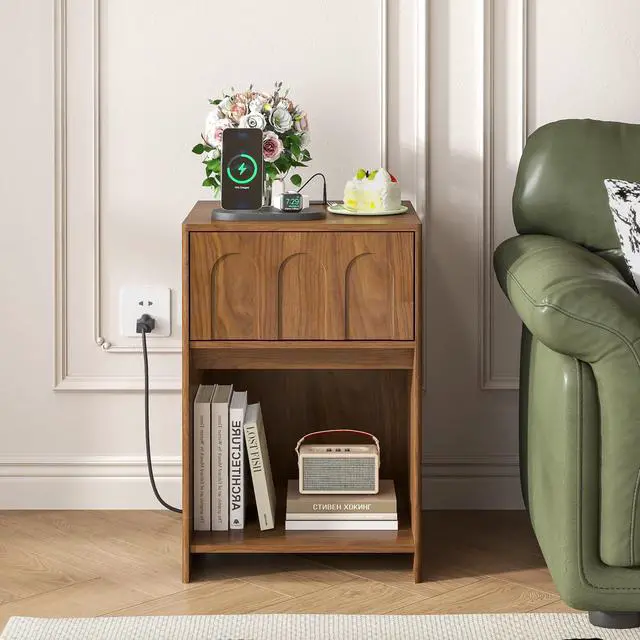 Alt view image 3 of 7 - 15.7'' Wide Nightstand Set of 2 with Charging Station, Mid Century Modern Nightstands with Drawer & Storage, Bed Side Table, Night Stands for Bedroom, Small Space (Walnut, 2Pcs)