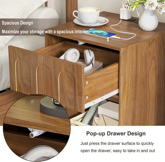 Alt view image 6 of 7 - 15.7'' Wide Nightstand Set of 2 with Charging Station, Mid Century Modern Nightstands with Drawer & Storage, Bed Side Table, Night Stands for Bedroom, Small Space (Walnut, 2Pcs)