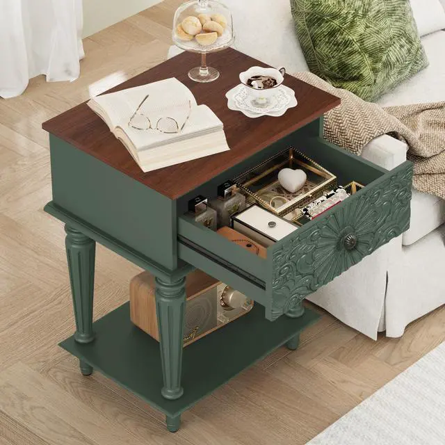 Alt view image 4 of 7 - Retro Nightstand with Carved Floral Drawer, Green Bedside Table for Bedroom