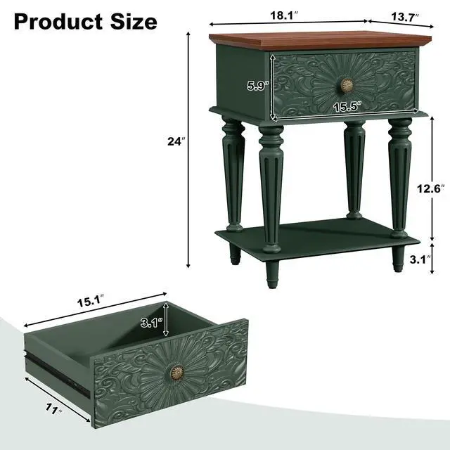 Alt view image 2 of 7 - Retro Nightstand with Carved Floral Drawer, Green Bedside Table for Bedroom