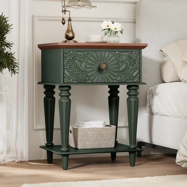 Main image of Retro Nightstand with Carved Floral Drawer, Green Bedside Table for Bedroom