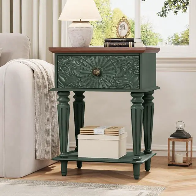 Alt view image 3 of 7 - Retro Nightstand with Carved Floral Drawer, Green Bedside Table for Bedroom