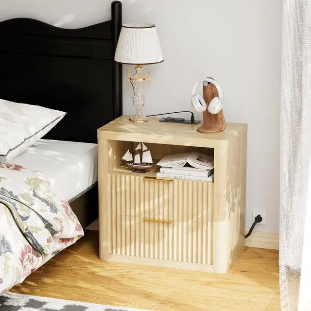 Alt view image 2 of 7 - Fluted Nightstand with Charging Station,24" Night Stand with 2 Drawers and Storage Shelf,RGB LED Lighting,Arc Edge Fluted Bedside Table for Bedroom,Wood
