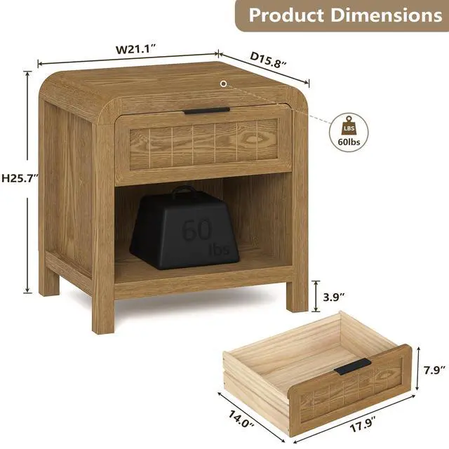 Alt view image 3 of 7 - Curved NightStand with Drawer, 21" Solid Wood Nightstand with Curved Surface, Bedside End Table for Living Room, Bedroom, Hallway (1, Teak, 1 Drawer)