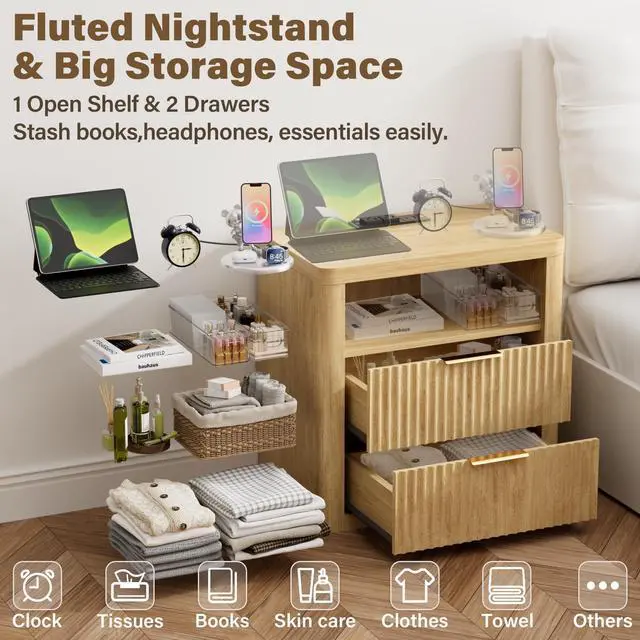 Alt view image 3 of 7 - Fluted Nightstand with Charging Station,24" Night Stand with 2 Drawers and Storage Shelf,RGB LED Lighting,Arc Edge Fluted Bedside Table for Bedroom,Wood