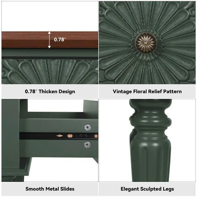 Alt view image 6 of 7 - Retro Nightstand with Carved Floral Drawer, Green Bedside Table for Bedroom