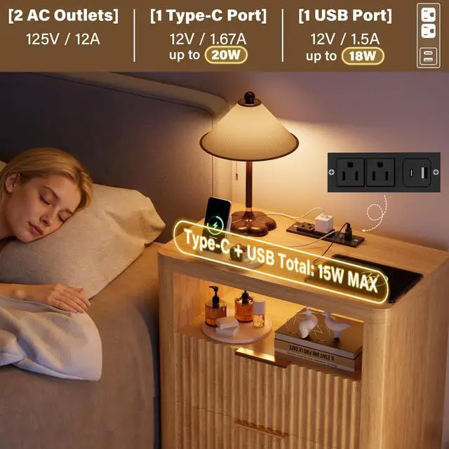 Alt view image 4 of 7 - Fluted Nightstand with Charging Station,24" Night Stand with 2 Drawers and Storage Shelf,RGB LED Lighting,Arc Edge Fluted Bedside Table for Bedroom,Wood