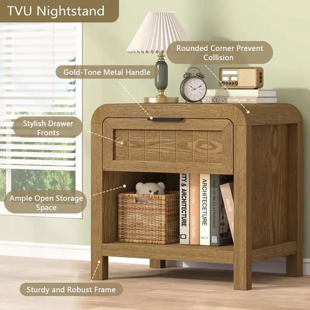 Alt view image 2 of 7 - Curved NightStand with Drawer, 21" Solid Wood Nightstand with Curved Surface, Bedside End Table for Living Room, Bedroom, Hallway (1, Teak, 1 Drawer)
