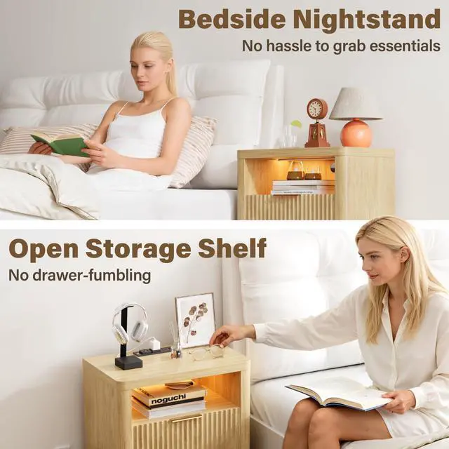 Alt view image 5 of 7 - Fluted Nightstand with Charging Station,24" Night Stand with 2 Drawers and Storage Shelf,RGB LED Lighting,Arc Edge Fluted Bedside Table for Bedroom,Wood