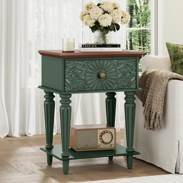 Alt view image 7 of 7 - Retro Nightstand with Carved Floral Drawer, Green Bedside Table for Bedroom