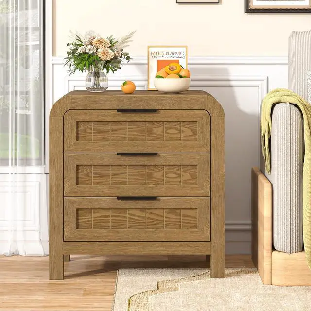 Alt view image 2 of 7 - Curved NightStand with 3 Drawer, 21" Solid Wood Nightstand with Curved Surface, Bedside End Table for Living Room, Bedroom, Hallway (1, Teak, 3 Drawer)