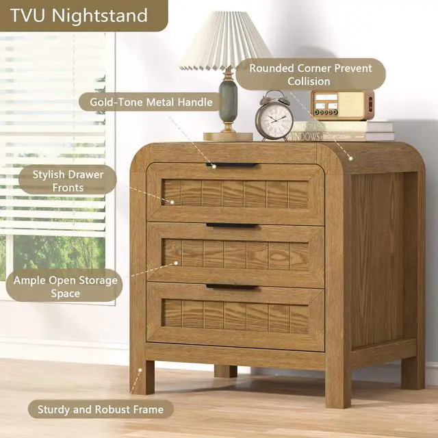 Alt view image 4 of 7 - Curved NightStand with 3 Drawer, 21" Solid Wood Nightstand with Curved Surface, Bedside End Table for Living Room, Bedroom, Hallway (1, Teak, 3 Drawer)