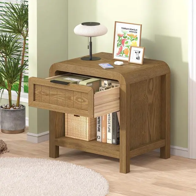 Alt view image 5 of 7 - Curved NightStand with Drawer, 21" Solid Wood Nightstand with Curved Surface, Bedside End Table for Living Room, Bedroom, Hallway (1, Teak, 1 Drawer)