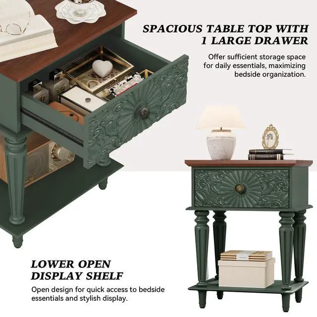 Alt view image 5 of 7 - Retro Nightstand with Carved Floral Drawer, Green Bedside Table for Bedroom