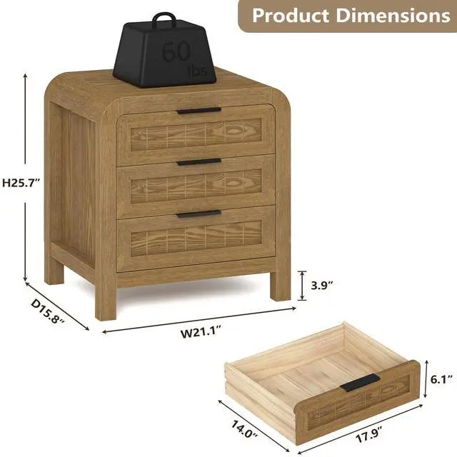 Alt view image 3 of 7 - Curved NightStand with 3 Drawer, 21" Solid Wood Nightstand with Curved Surface, Bedside End Table for Living Room, Bedroom, Hallway (1, Teak, 3 Drawer)
