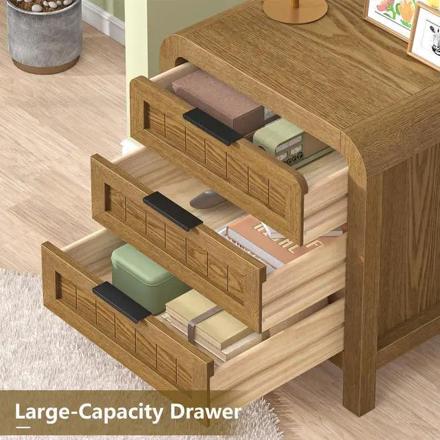 Alt view image 5 of 7 - Curved NightStand with 3 Drawer, 21" Solid Wood Nightstand with Curved Surface, Bedside End Table for Living Room, Bedroom, Hallway (1, Teak, 3 Drawer)
