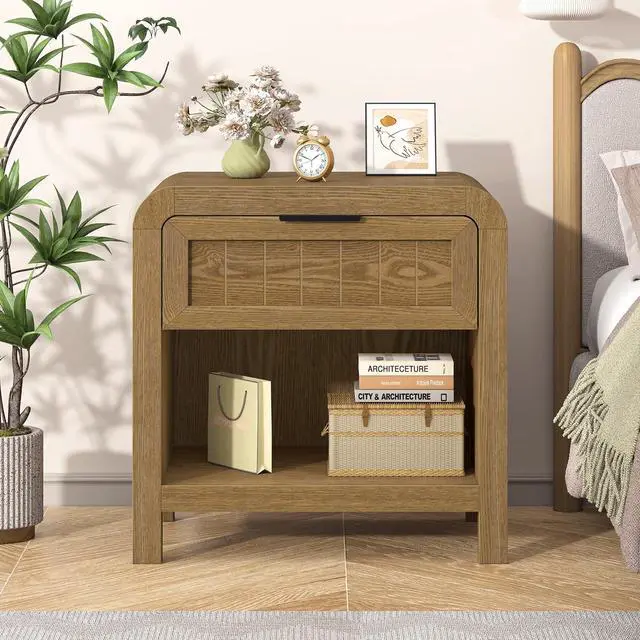 Alt view image 4 of 7 - Curved NightStand with Drawer, 21" Solid Wood Nightstand with Curved Surface, Bedside End Table for Living Room, Bedroom, Hallway (1, Teak, 1 Drawer)