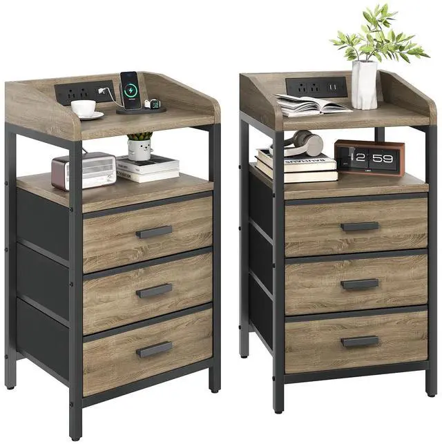 Main image of Night Stand with Charging Station 3 Fabric Drawers