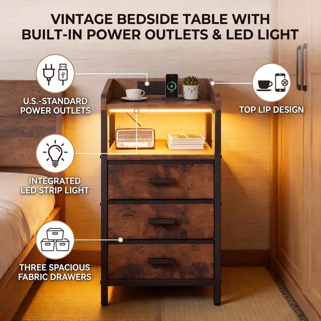 Alt view image 2 of 7 - Night Stand with Charging Station 3 Fabric Drawers