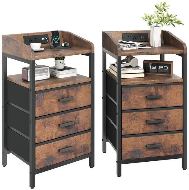 Main image of Night Stand with Charging Station 3 Fabric Drawers
