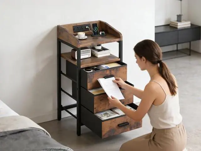 Alt view image 7 of 7 - Night Stand with Charging Station 3 Fabric Drawers