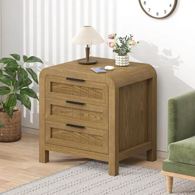 Alt view image 7 of 7 - Curved NightStand with 3 Drawer, 21" Solid Wood Nightstand with Curved Surface, Bedside End Table for Living Room, Bedroom, Hallway (1, Teak, 3 Drawer)