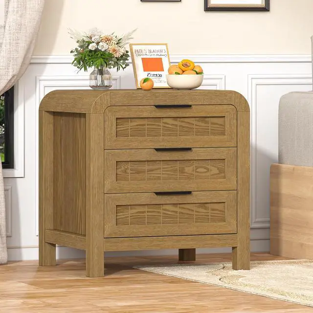 Alt view image 6 of 7 - Curved NightStand with 3 Drawer, 21" Solid Wood Nightstand with Curved Surface, Bedside End Table for Living Room, Bedroom, Hallway (1, Teak, 3 Drawer)