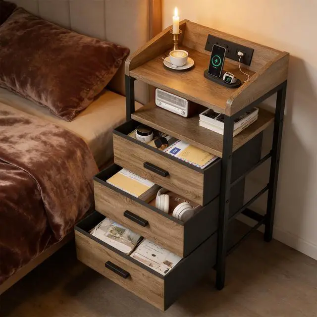Alt view image 7 of 7 - Night Stand with Charging Station 3 Fabric Drawers