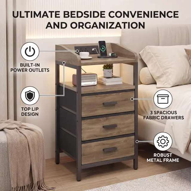 Alt view image 2 of 7 - Night Stand with Charging Station 3 Fabric Drawers