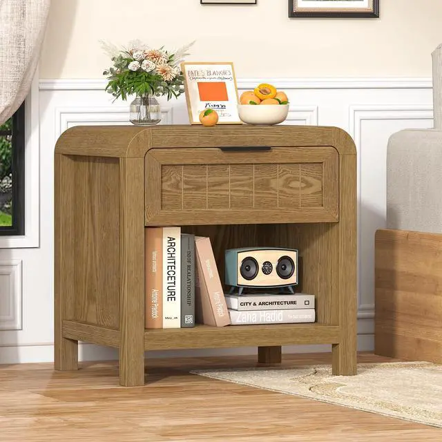 Alt view image 6 of 7 - Curved NightStand with Drawer, 21" Solid Wood Nightstand with Curved Surface, Bedside End Table for Living Room, Bedroom, Hallway (1, Teak, 1 Drawer)