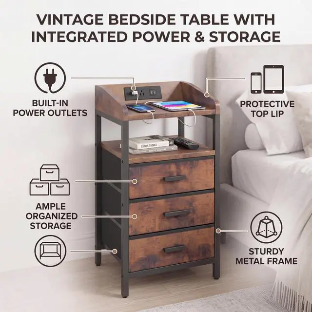 Alt view image 3 of 7 - Night Stand with Charging Station 3 Fabric Drawers