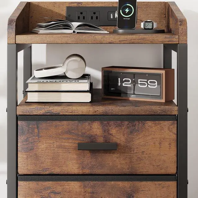 Alt view image 6 of 7 - Night Stand with Charging Station 3 Fabric Drawers