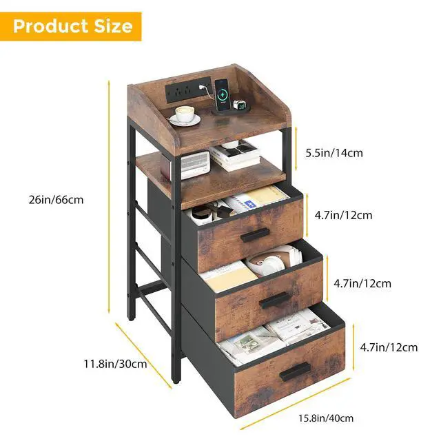 Alt view image 5 of 7 - Night Stand with Charging Station 3 Fabric Drawers