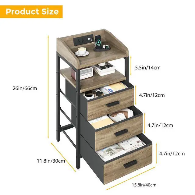 Alt view image 5 of 7 - Night Stand with Charging Station 3 Fabric Drawers