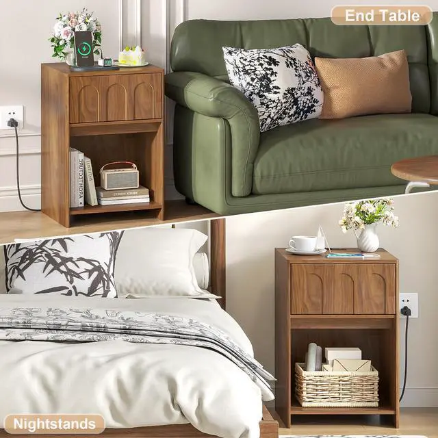 Alt view image 7 of 7 - 15.7'' Wide Nightstand Set of 2 with Charging Station, Mid Century Modern Nightstands with Drawer & Storage, Bed Side Table, Night Stands for Bedroom, Small Space (Walnut, 2Pcs)