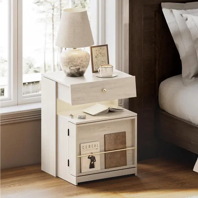 Alt view image 6 of 7 - Nightstand with Charging Station and LED Lights, Night Stand with Sliding Top, Wood Modern Bedside End Table with Storage Drawer and Front Storage for Bedroom, White